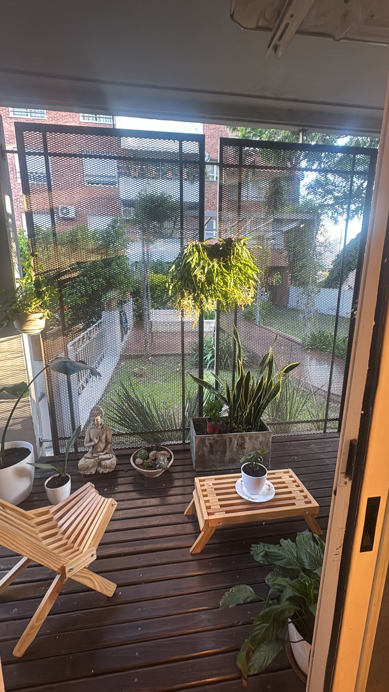 Deck con plantas y vista al jardín